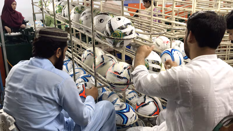 Hand-stitched soccer balls crafted in Sialkot